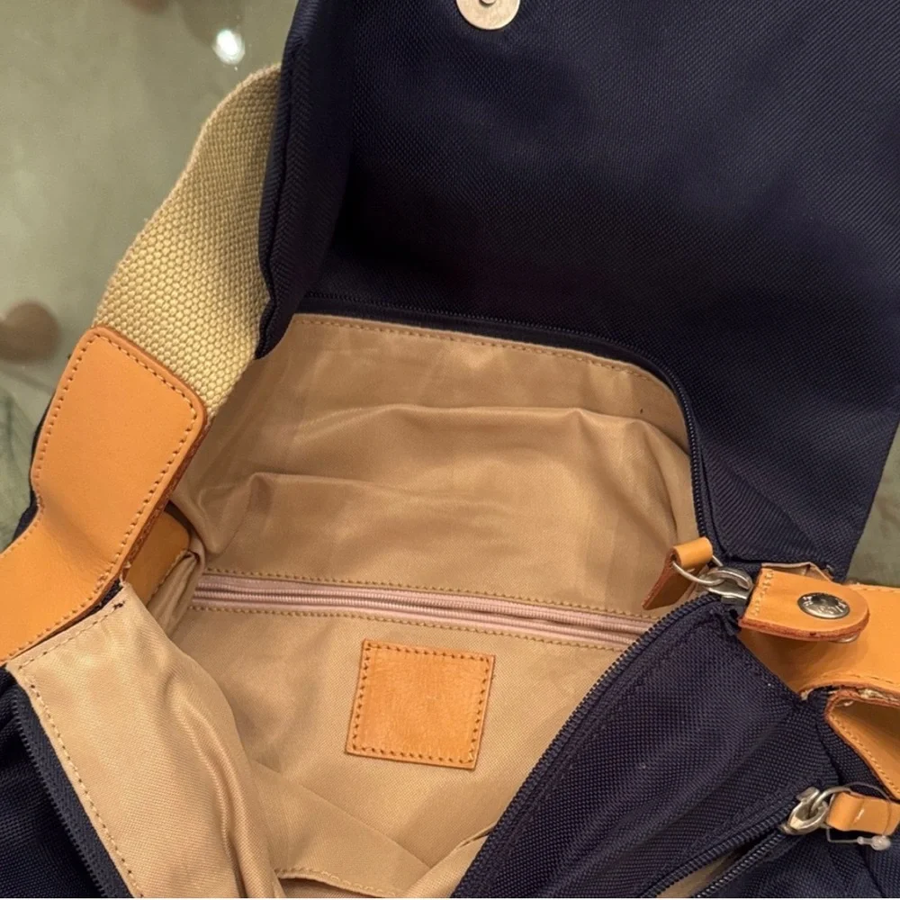 Navy Blue Messenger Bag with Tan Strap
